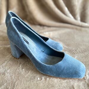 Zara Basic Pastel Blue Velvet High Block Heel Shoes Size 40